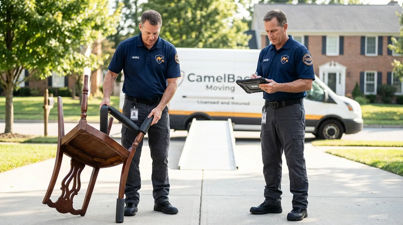 Movers inspecting furniture for damage prevention before loading in Mission Viejo, CA