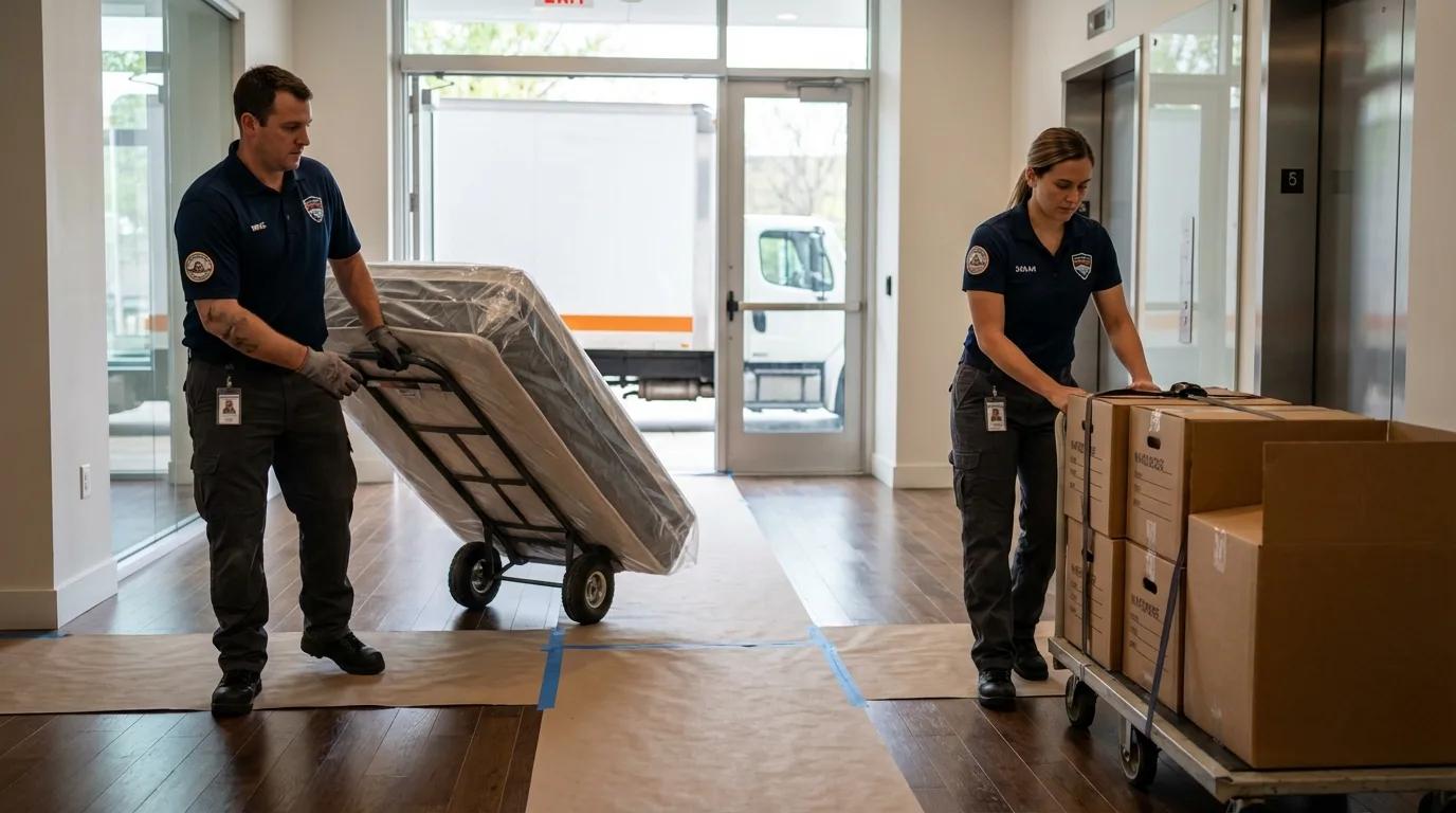 Professional apartment movers loading elevator in Mission Viejo, CA